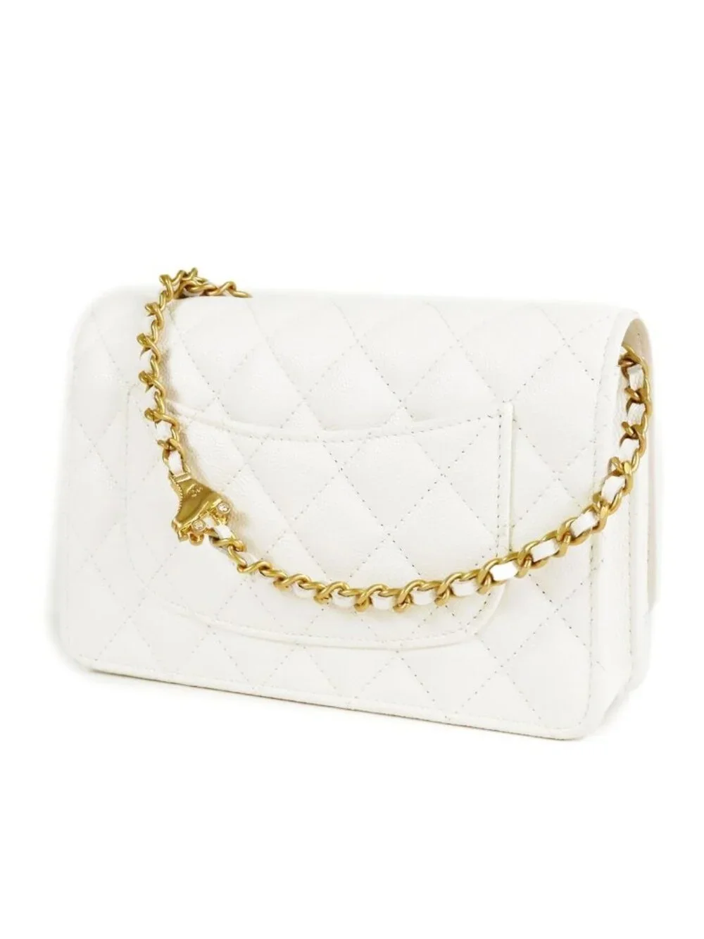 Chanel Chain Wallet White Gold Caviar Leather Charm Shoulder Bag